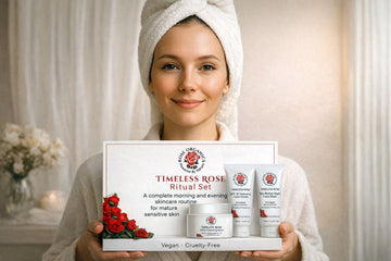 A woman with a towel wrapped around her hair holds a Timeless Rose Ritual Set box featuring a cleansing balm, SPF 30 face cream, and bio-retinol night mask, displayed as a complete skincare routine for mature and sensitive skin.