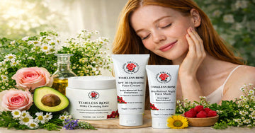 Elegant promotional image featuring a tube of Timeless Rose Bio-Retinol Night Face Mask alongside soft cream swatches, conveying a smooth, rich texture and overnight skincare treatment for mature and sensitive skin.