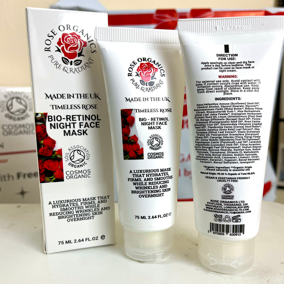 Rose Organics Timeless Rose Bio-Retinol Night Face Mask packaging on a white background